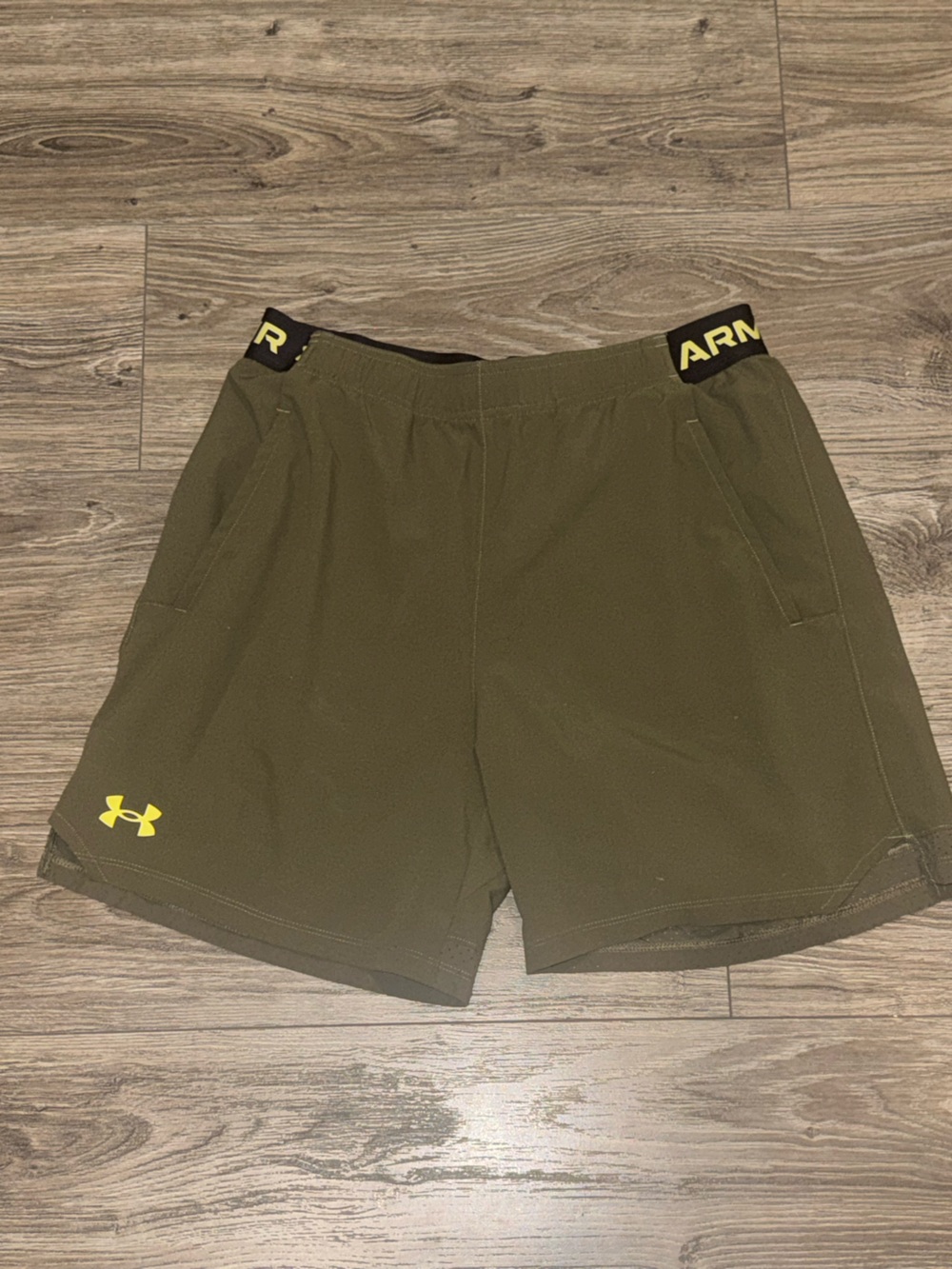 Under Armour Men’s Olive Green Swim Hybrids with Yellow Logo
